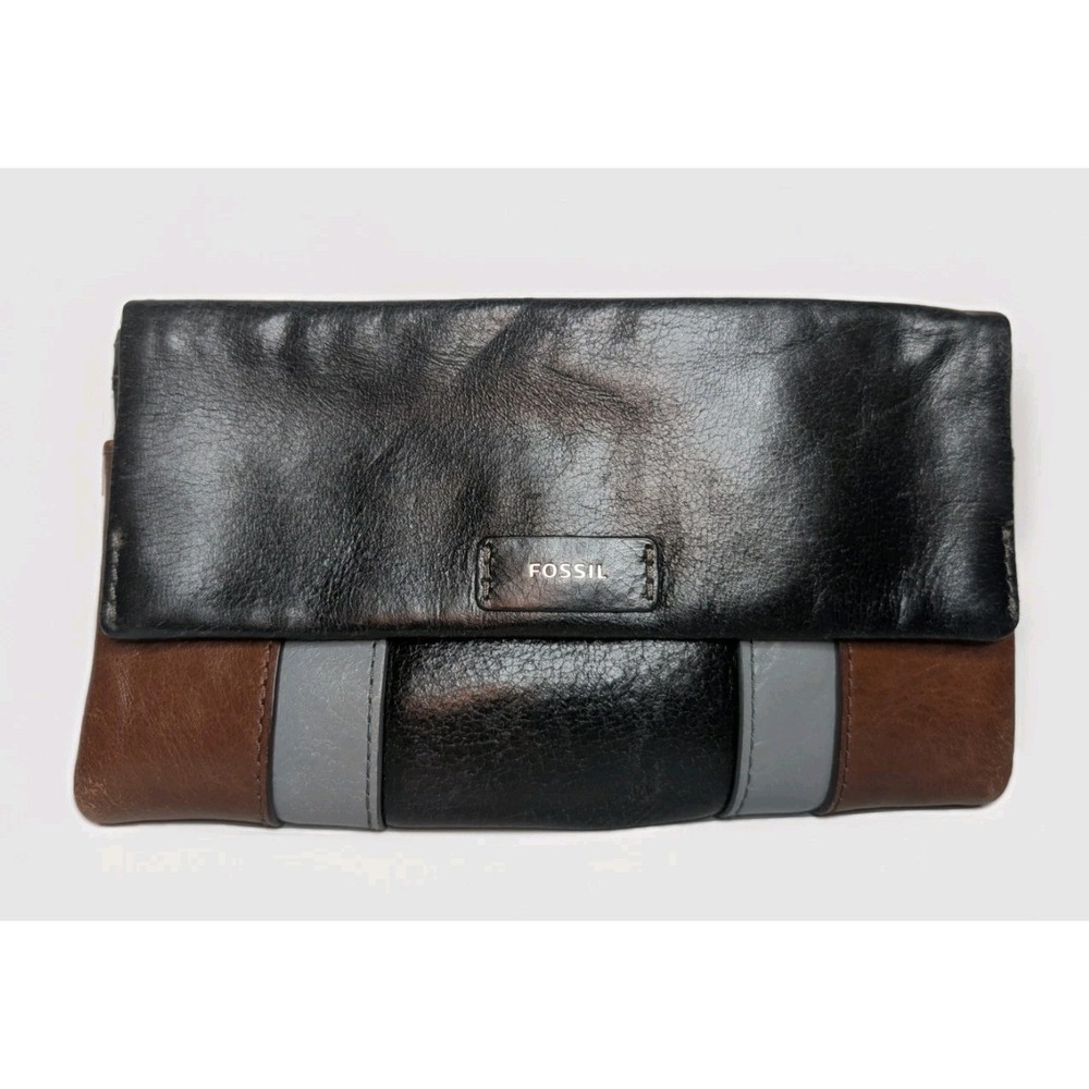Fossil Ellis Women's Wallet Black Brown Grey Leather Patchwork Clutch
